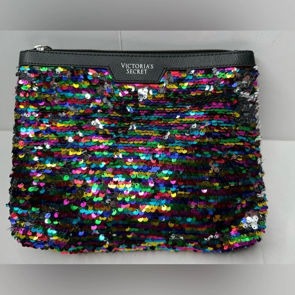 Victoria's Secret Multicolor Sequin Black Cosmetic Bag Zipper Top